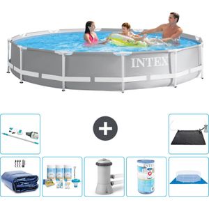 Intex Rond Prism Frame Zwembad - 366 x 76 cm - Grijs - Inclusief Solarzeil - Onderhoudspakket - Zwembadfilterpomp - Filter - Grondzeil - Stofzuiger - Solar Mat