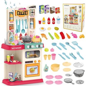 Speelgoed voor Kinderkeuken - Multifunctionele Keukenset met Kooktoestel - Stoom Gootsteen Geluid Licht en Keukenaccessoires - 65 Stuks Rollenspel Keuken Speelgoed - Jongens Meisjes (Roze) - Speelgoed keuken