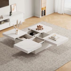 Salontafel - Vierkant - Met Opbergruimte - Marmerlook - Uitschuifbaar - Met Vakken - Wit