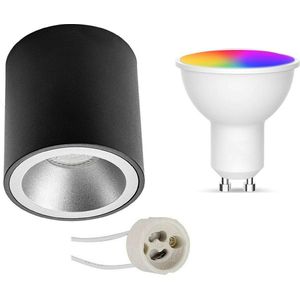 Opbouwspot Set GU10 - Facto - Smart LED - Wifi LED - Slimme LED - 5W - RGB+CCT - Aanpasbare Kleur - Dimbaar - Afstandsbediening - Pragmi Cliron Pro - Opbouw Rond - Mat Zwart/Zilver - Verdiept - Ø90mm