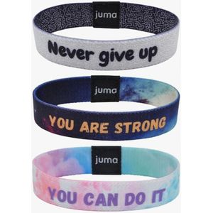 JUMA Motiverende Armbanden met Overtuigingen Set van 3 (Never give up, You are strong, You can do it) - Maat M (17cm) - Geluksbrenger, Vriendschapsarmband en Energiearmband - Geschikt voor Kinderen, Vrouwen, Mannen – perfect Souvenir