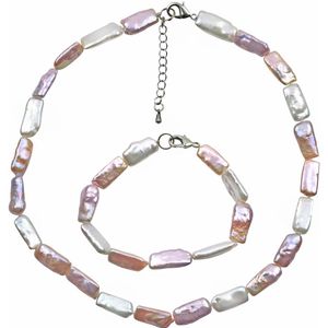 Zoetwaterparel set Pearl Rectangle Soft Colors - parelketting + parel armband - echte parels - sterling zilver (925) - wit - zalm - roze - sieraden zakje - cadeau voor haar - kerst cadeau - Moederdag cadeau
