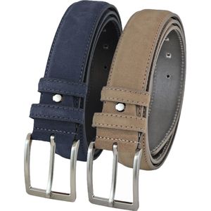 Landley Suede Pantalon Riemen Set - Suède Leren Heren Riemen Duopack - Leer - Blauw en Taupe - Lengte totaal 130 cm / Riemmaat 115