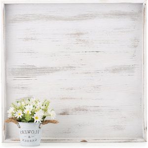 Extra Groot Whitewash Rustiek Houten Ottoman Dienblad - Decoratieve Salontafel Dienblad - Boerderij Woondecoratie - 20 inch - Handgrepen - Woonkamer Keuken - Aanrecht dienblad vierkant 70x70