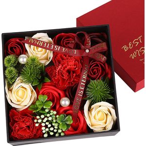 Kunstbloemen - Geschenkset vrouwen - Rozen van geurige zeep - Rechthoekig - Valentijn cadeau - Valentijn cadeautje voor haar - Valentijn - Cadeau - Geschenk - Verjaardag - Moederdag - Moederdag cadeautje - Inclusief kaart - Rood