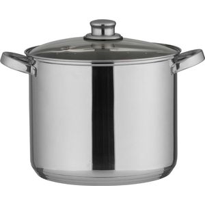 Universele pan in zilver, pot met glazen deksel en draadgrepen, kookpan van roestvrij en onderhoudsvriendelijk roestvrij staal, ingekapselde aluminium bodem 10 liter volume