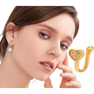 Fake Neuspiercing Met Kristallen Hartje I Nep Neuspiercing I Decoratieve Neuspiercing I Neusring I Nep Piercing I Fake Helix I RVS I 1.2 CM I Goud