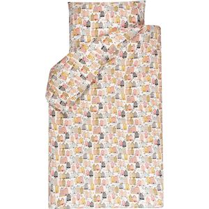 BINK Bedding Dekbedovertrek Adam 1-persoons 140 x 220 cm - Kussensloop 60 x 70 cm - tweezijdig - huisjes - grachtenpand - vrolijke print - peach - blue - mosterdgeel - roze - zwart - Nederlands - Dutch - eenpersoons