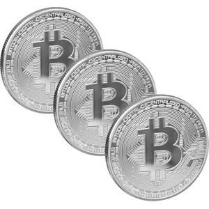 scarlet gifts | Munt ""Bitcoin""; massief staal met edelmetaalcoating (bv. 24-karaats goud, zilver, koper); verzamelobject met beschermhoes; Crypto Currency to touch Set 3x Zilver