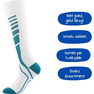 CAROX - 2 Paar Witte Sportsokken - Meerdere Maten - Compressiekousen - Compressie Sokken - Hardloopsokken - Steunkousen - Wandelsokken - Sokken voor Dames en Heren - Unisex – Wit Turquoise - Maat 36-40