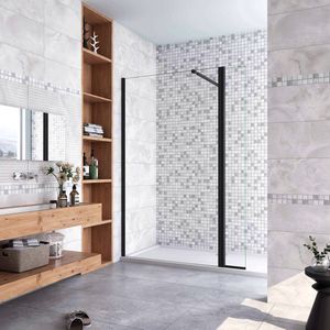 110x200cm zwarte inloopdouche + 30x200cm draaibaar hoekprofiel +73-120cm Stabilisatiestang 8mm EasyClean veiligheidsglas