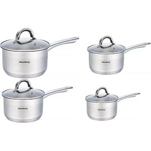 4 x steelpan / sauspan - steelpan met glazen deksel - Ø12, Ø14, Ø16 en Ø18 cm - RVS - 0,5, 1, 1,5 en 2,1 liter