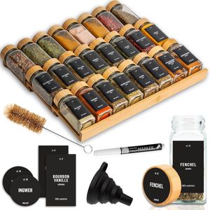 Deco Haus - Bamboe lade organizer met kruidenpotjes - 3-laags lade-indeling - keukenindeling, lade-indeling met 24 kruidenpotjes, 280 kruidenlabels, borstel en trechter