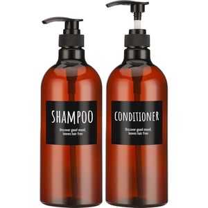 super grote Pompflessen voor shampoo en conditioner, 2 stuks, 1000 ml, bruin, lege plastic flessen met etiketten, 33,8 oz grote herbruikbare shampoo-conditioner-dispenser, navulbare pompress-flessen
