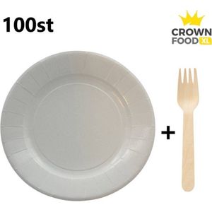 Papieren borden rond 23cm + houten vorken - 100st. - wegwerp bestek/servies - karton - Crown Food XL
