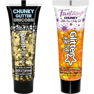 Paintglow Chunky Glittergel voor lichaam en gezicht - 2 tubes - goud en oranje - 12 ml