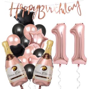 11 Jaar Verjaardag Cijferballon 11 - Feestpakket Snoes Ballonnen Pop The Bottles - Rose Zwart Versiering