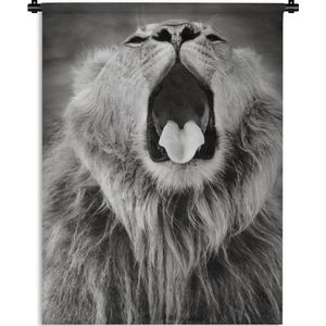 Wandkleed Dierenprofielen in Zwart-Wit - Dierenprofiel geeuwende leeuw in zwart-wit Wandkleed katoen 90x120 cm - Wandtapijt met foto