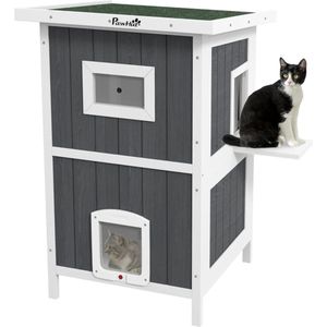 Kattenhuis - Voor buiten - Hok - Kooi - Bench - Ren - 2 verdiepingen - duurzaam - Grijs