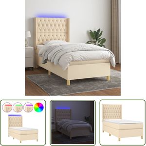 The Living Store Boxspring - Crème - Bed 203x103x118/128 - Verstelbaar hoofdbord - LED - Pocketvering Matras - Huidvriendelijk Topmatras