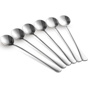 Set van 6 lange ronde lepels - Latte macchiato - Dessertlepels - 18,5cm - Sorbetlepels - IJslepels - Theelepels - Zilver