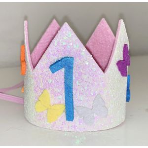 1e verjaardag cakesmash wit glitter hoedje met blauwe 1 en verschillende kleurtjes vlinder - cakesmash - eerste - 1 - verjaardag - hoed