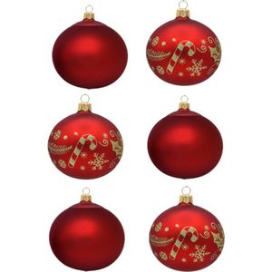 Sfeervolle Rode Kerstballen met Kerstpatroon met Zuurstokken en Kerstklokjes & effen mat rood - Doosje met 6 glazen kerstballen