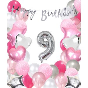 Snoes Ballonnen 9 Jaar Pink Blush Silver Mega Ballon - Compleet Feestpakket 9 Jaar - Verjaardag Versiering Slinger Happy Birthday – Folieballon – Latex Ballonnen - Helium Ballonnen - Zilver en Roze Verjaardag Decoratie