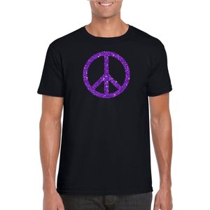 Zwart Flower Power t-shirt paarse glitter peace teken heren - Sixties/jaren 60 kleding L