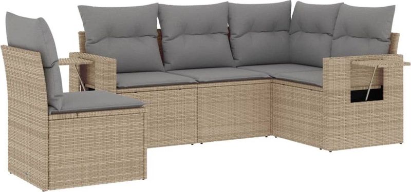 vidaXL - 5-delige - Loungeset - met - kussens - poly - rattan - beige