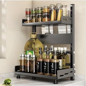 Flavers - keukenrek - keukenrek staand - kruidenrek - 40 cm bij 39 cm - keukenrek aanrecht - keuken organizer - keukenrek metaal - kruidenrek lade - keukenrek staand aanrecht - keukenrek zwart - zwart - 2 laags - aanrecht organiser - staand