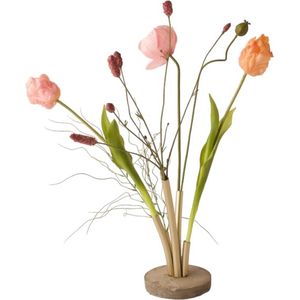 WinQ - Pijpvaas met kunstbloemen - Tulpen met Papaver en gras - Vaas in de kleur goud met betonvoet- complete set