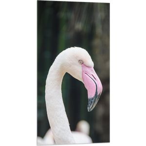WallClassics - Vlag - Witte Flamingo met Roze Snavel - 50x100 cm Foto op Polyester Vlag