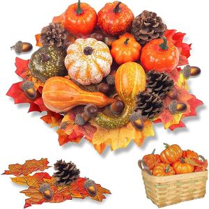 Herfstdecoratie, set met 96 stuks, kunstpompoentjes, mini-pompoenen, eikels, kunstgroente, zijden esdoornblad, dennenappels, voor decoratie, Halloween, Thanksgiving, herfstdecoraties