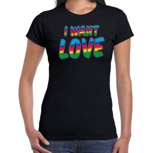 Bellatio Decorations Gay Pride t-shirt met tekst - dames - zwart - I want love - LHBTI/LHBTIQ L