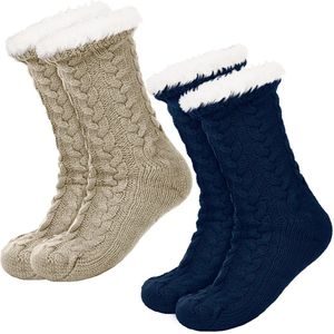 JAXY Huissokken - Huissokken Dames en Heren - Verwarmde sokken - Anti Slip Sokken - Fleece Sokken - Dikke Sokken - Fluffy Sokken - Slofsokken - Warme Sokken - Bedsokken - Gevoerde Sokken - Winter Sokken - 2 Paar - Beige + Blauw