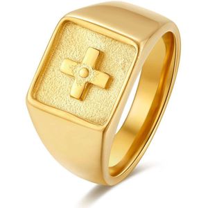 Twice As Nice Ring in goudkleurig edelstaal, vierkante zegel ring, kruisje 56