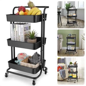 Keukentrolley - Metalen Serveerwagen - 3 Manden - 43x36x86 cm - Zwart - Inclusief EBOOK