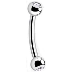 Titanium 8 mm curved barbell 1,2 met 3 mm bal met  witte steentjes. RH-Jewelry