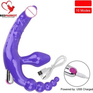 Triple penetratie Vibrator strap-on | 3 in 1 | Voorbindpenis dildo | Dubbele orgasmes | Anale kralen Penis | Paars | Voor hem en haar