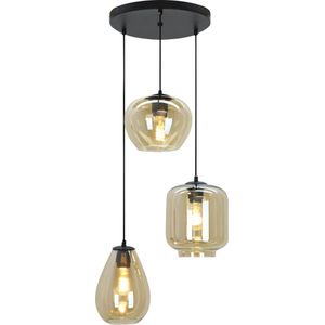 Olucia Caia - Moderne Hanglamp - 3L - Glas/Metaal - Amber;Zwart - Rond - 43 cm