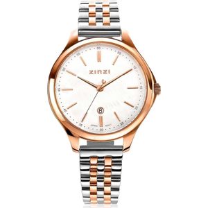 ZINZI Classy horloge 34mm wit parelmoer wijzerplaat roségoudkleurige stalen kast en bicolor band, datum ziw1018