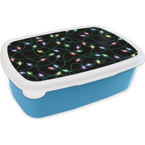 Broodtrommel Blauw - Lunchbox - Brooddoos - Lichtsnoer - Kerstmis - Pastel - Patronen - 18x12x6 cm - Kinderen - Jongen
