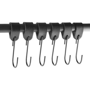 Brute Strength - Leren ronde S-haak hangers - Zwart - 6 stuks - 12,5 x 2,5 cm – Zwart zilver – Leer - handdoekhaakjes - Ophanghaken – kapstokhaak