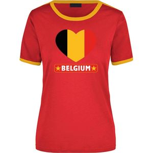 Belgium rood/geel ringer t-shirt Belgie vlag in hart - dames - landen shirt - Belgische fan / supporter kleding M