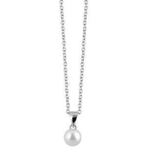 New Bling 9NB 0130 Zilveren collier met hanger - parel rond 7 mm - lengte 40 + 5 cm - zilverkleurig / wit