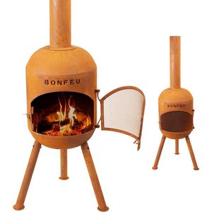 BonFeu BonSolo Tuinhaard Roest Staal - Houtkachel met Grill - Buitenkoken - Tuinkachel voor Sfeervolle Avonden - 34x34x126 cm