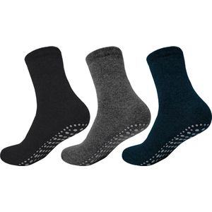 3 Paar Huissokken anti slip - Antislip sokken - Gripsokken - Full Terry - Volledig Badstof - ABS - Zwart/Grijs/Blauw - Maat 43-46
