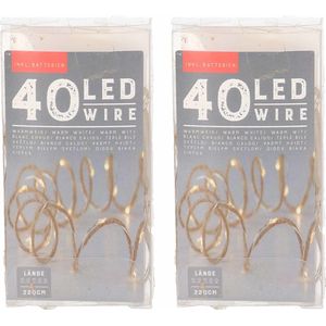 Set van 2x stuks touwverlichting jute op batterijen met 40 lampjes warm wit 220 cm - Kerstverlichting lichtsnoeren kerstversiering