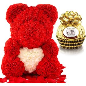 Rozen Beer - Rozen Teddybeer - Rozenbeer - Valentijnsdag- Valentijn- Knuffelbeer - 40cm - Inclusief Luxe Giftbox - Ferrero Rocher Chocolade - Rood